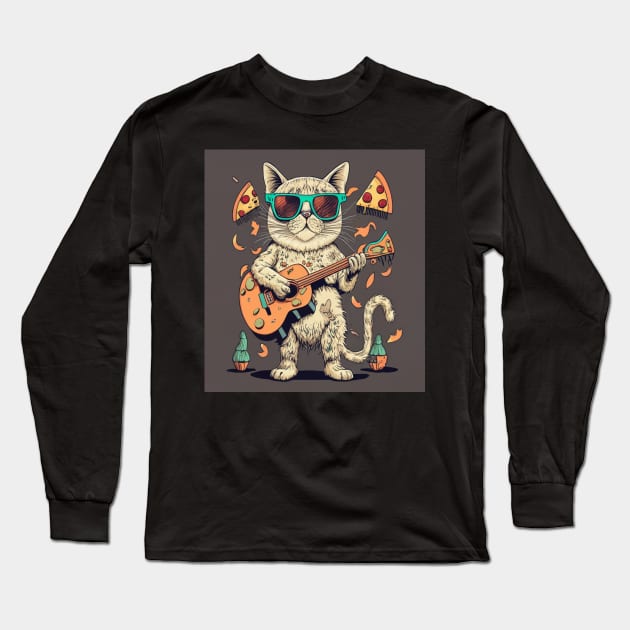 cat playing guitar for pizza Long Sleeve T-Shirt by Catbrat